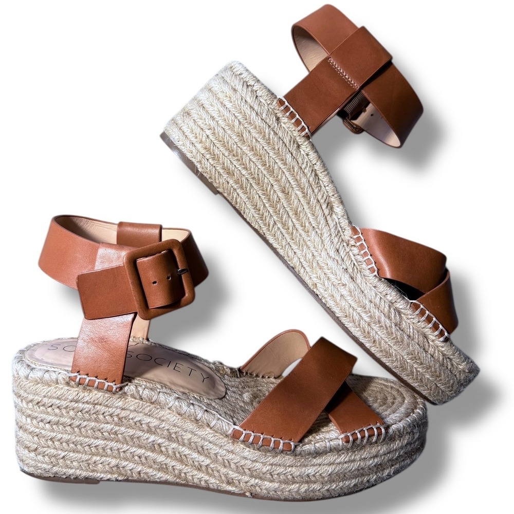 EUC Sole Society AUDRINA Wedge Espadrille Platform Sandals Tan Leather 10M